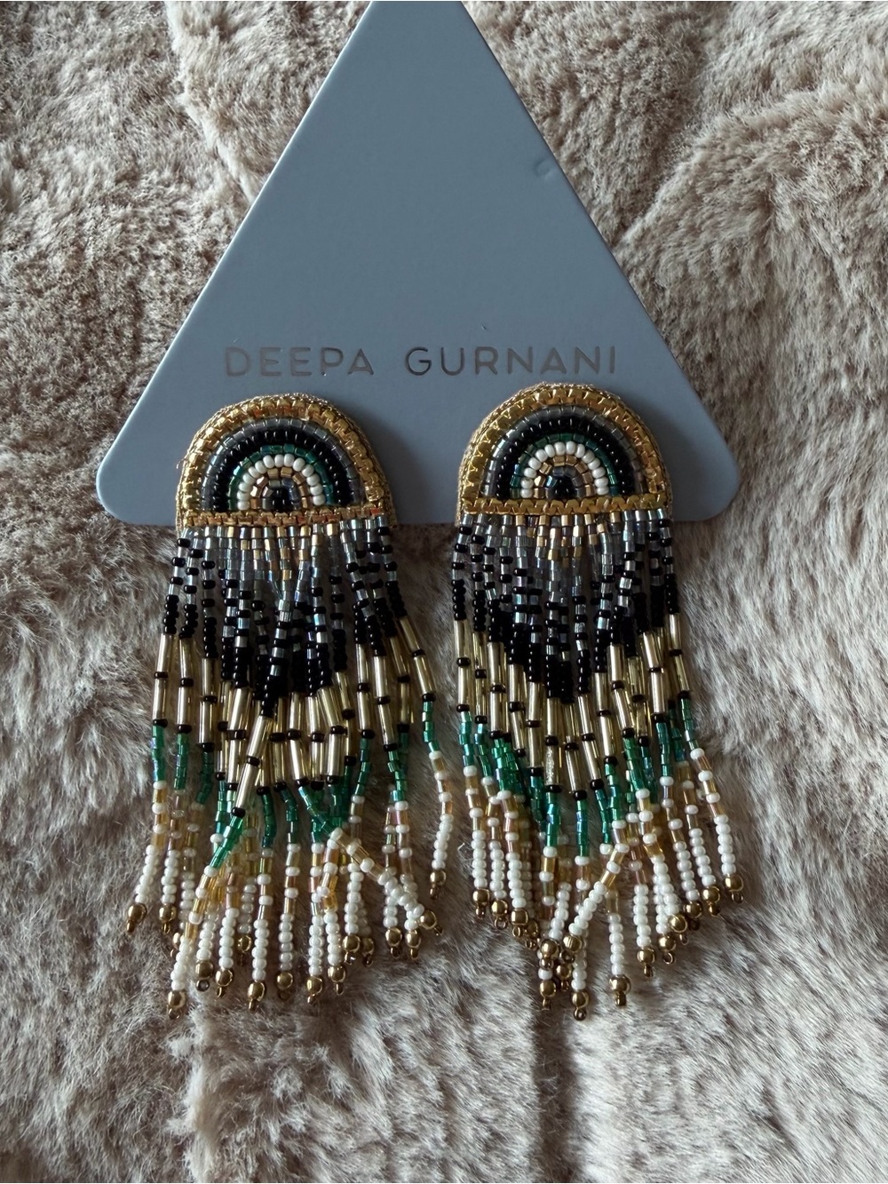 Deepa gurnani Gold, white, blue & Green Beaded Fringe Earrings